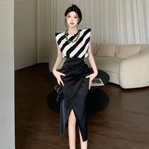 AGOINCAT high-end striped suit skirt 2024 new summer style irregular slit top and skirt two-piece set