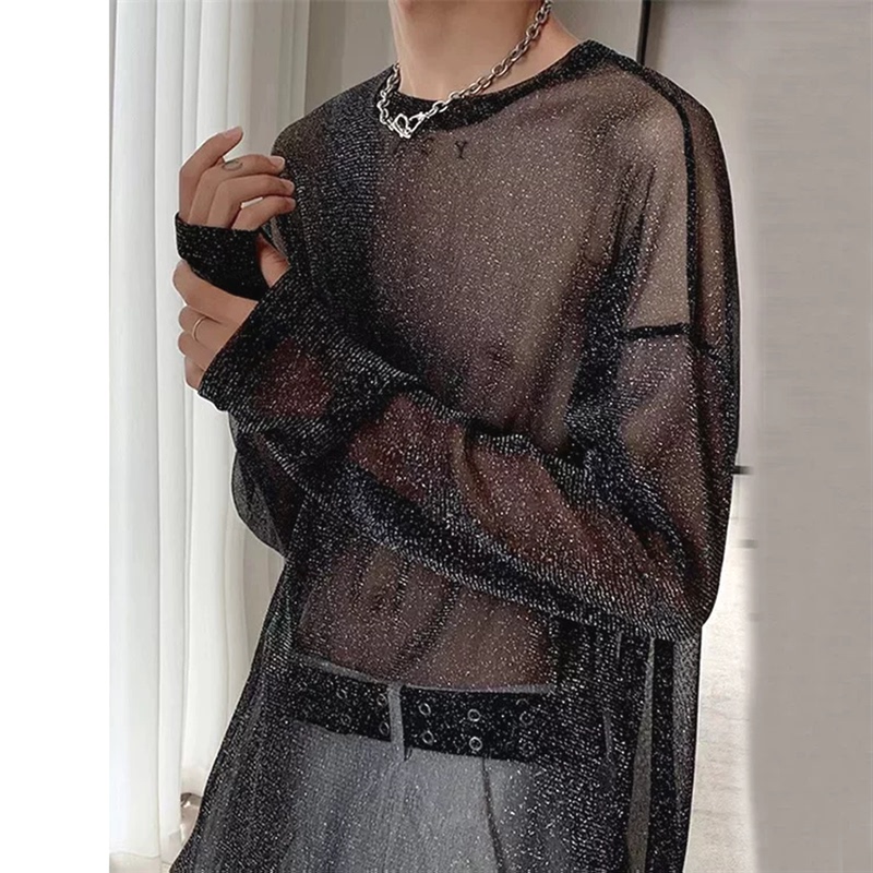 Starlight Highlight T-Shirt for Men, Relaxed Fit, Lightweight, Slightly Sheer, Long-Sleeved Cover-Up, Pearlescent Sequin Mesh Hollow-Out Base Shirt, Trendy