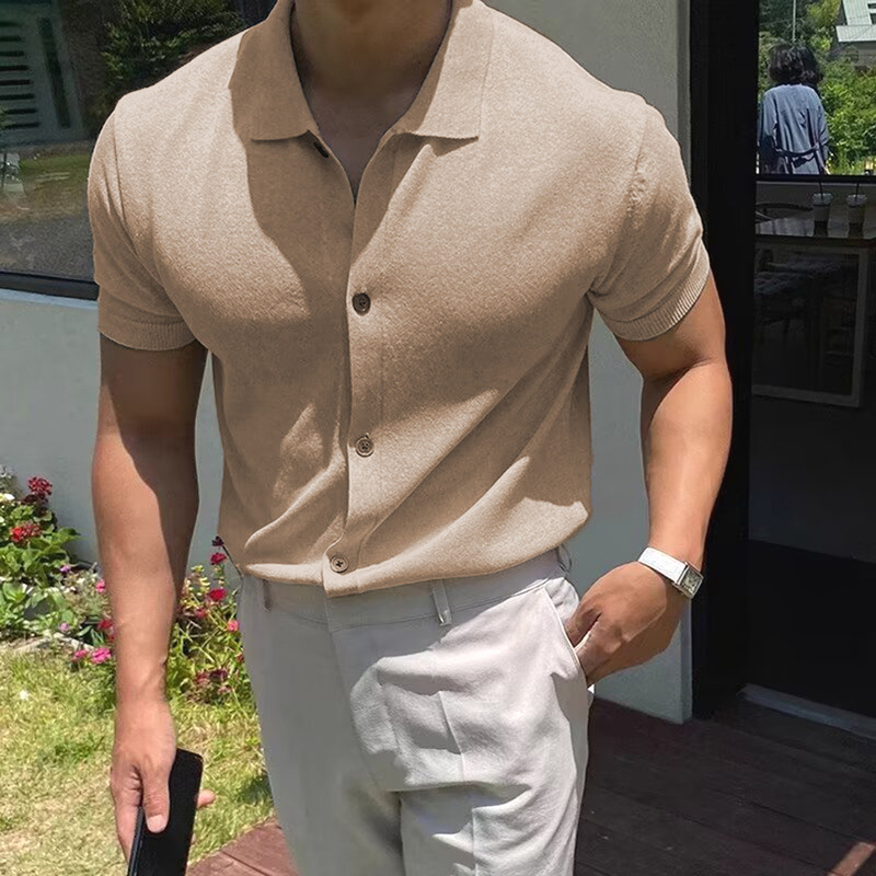 American-Style Tough Guy Mercerized Cotton Ice Silk Knit Cardigan Muscle Man Tight-Fitting Stretch Short-Sleeve Shirt Casual Work Shirt