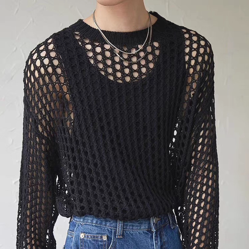 American-Style Large Mesh Hollow-Out Knit Sweater for Men, See-Through, Sexy, Layered, Long-Sleeved, Sun-Protective Cover-Up, Mesh Fishnet Hoodie, Trendy
