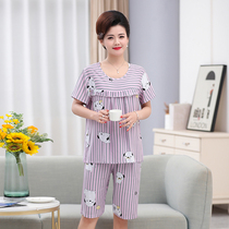 Middle-aged and elderly womens short-sleeved shorts set pajamas summer thin cool sweat-absorbing mother round neck loose two-piece set