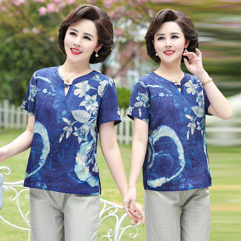 2020 new middle aged women's clothing Summer short sleeve blouses Mom dress slim fit T-shirt 50-70-year-old Grandma dress