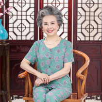 Grandma Dress Summer Thin Set Middle-aged Womens Round Neck Short Sleeve Top Capri pants Old Lady Two-Piece