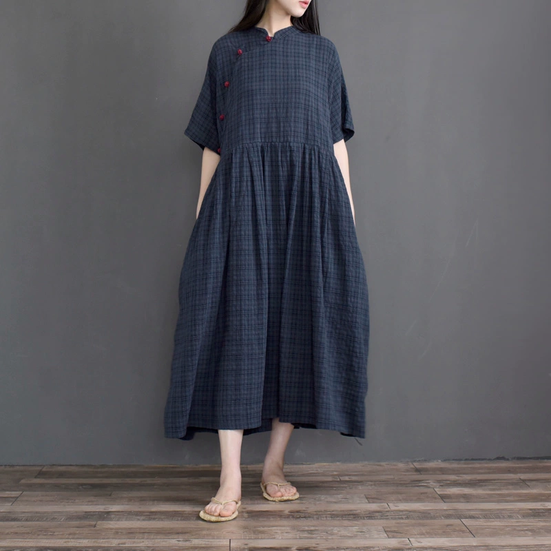 Phong cách dân tộc của phụ nữ retro cotton và lanh áo choàng rộng rãi cỡ lớn giữa chiều dài ngắn tay váy ngắn chéo cải tiến sườn xám mùa hè - Sản phẩm HOT