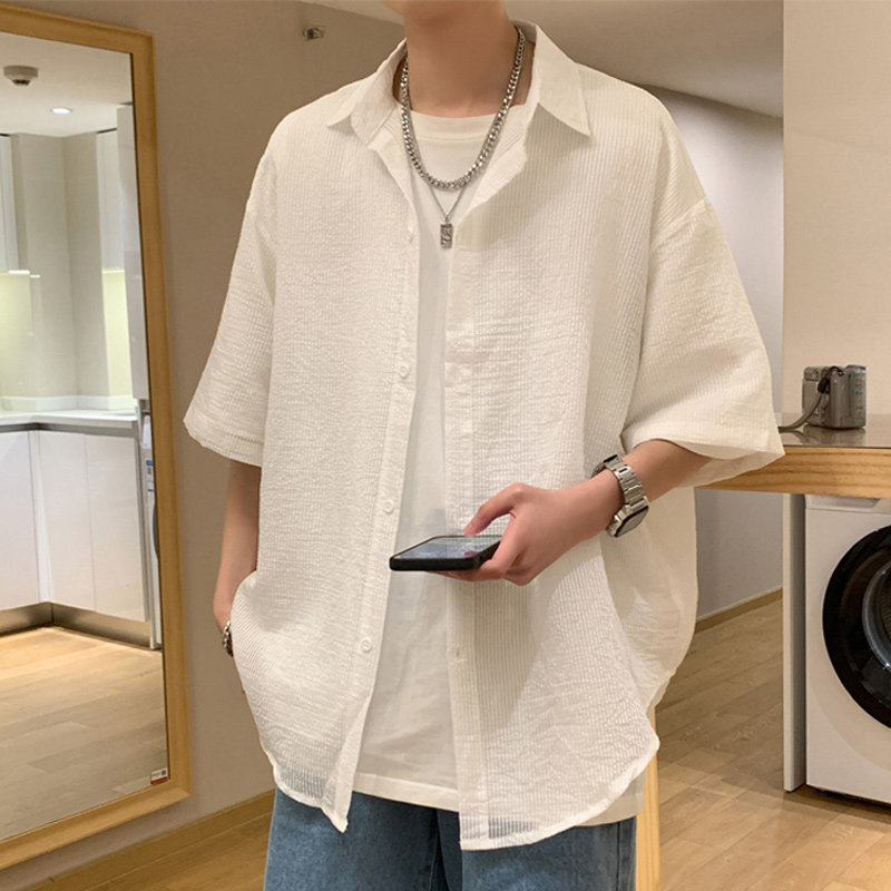 Tide brand short-sleeved shirt men's light luxury stacked wear ruffian handsome Hong Kong style net red shirt jacket summer thin section breathable top men