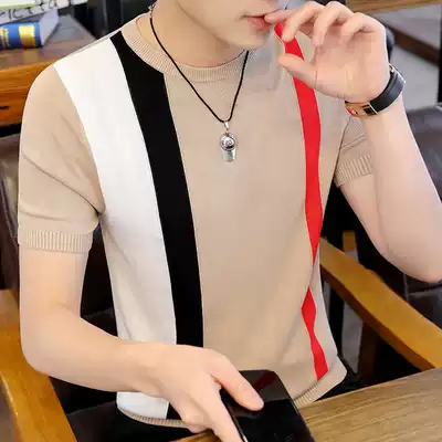 Hong Kong Tide Brand Short Sleeve T-shirt Men's Summer Korean Slim Half Sleeve Top Ice Silk Patchwork Men's