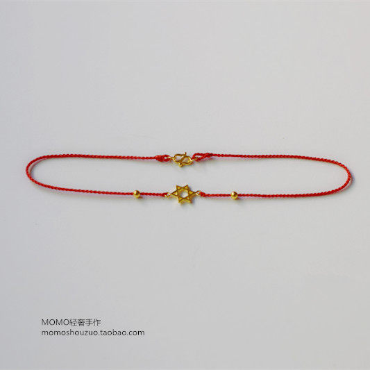 24K Foot Gold Stars Six Manga Star Pentagram Transfer Beads of the Year Four Braided Red Rope Bracelet-Rope Bracelet