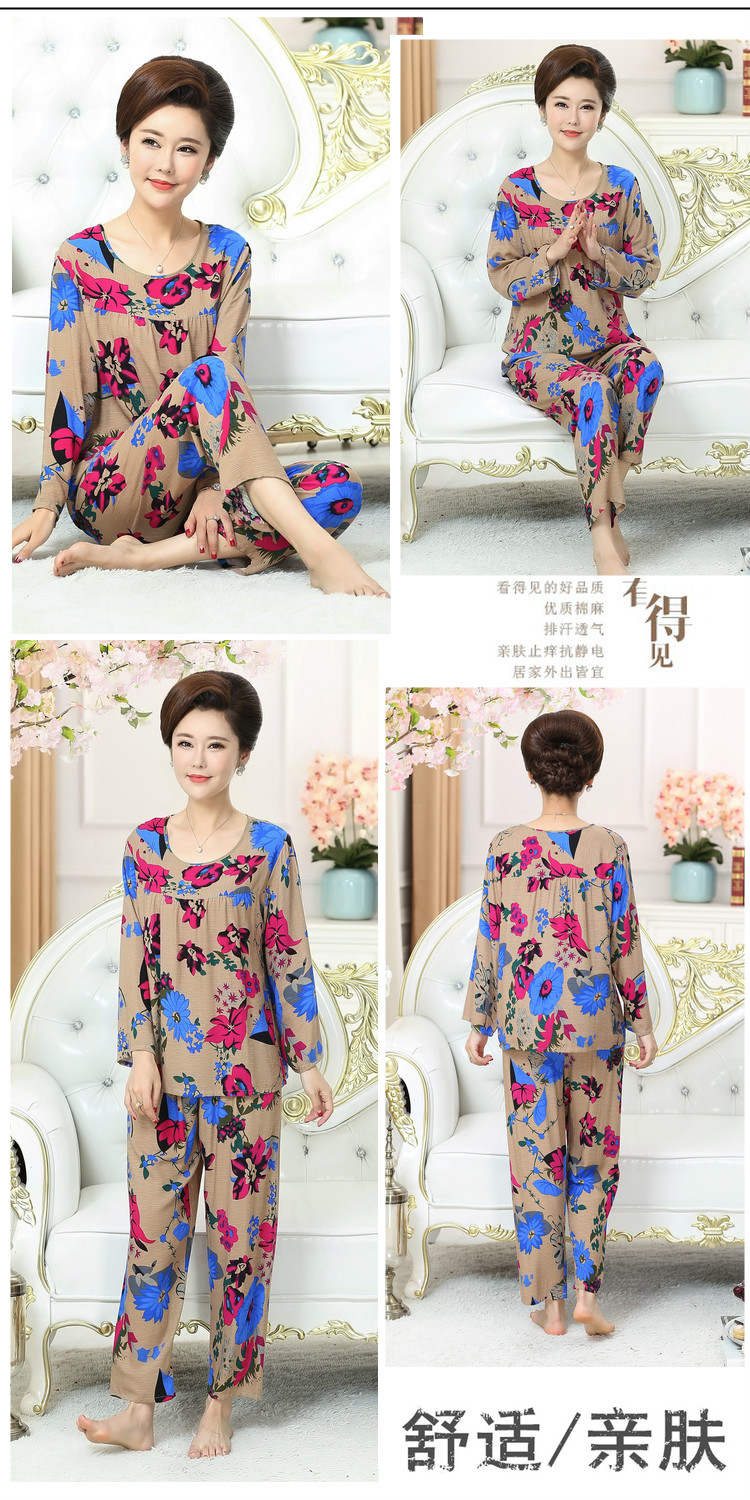 Đồ ngủ trung niên nữ mùa xuân và mùa thu cotton cotton dài tay đồ ngủ mẹ phù hợp với tre bông dịch vụ nhà XL đồ bộ