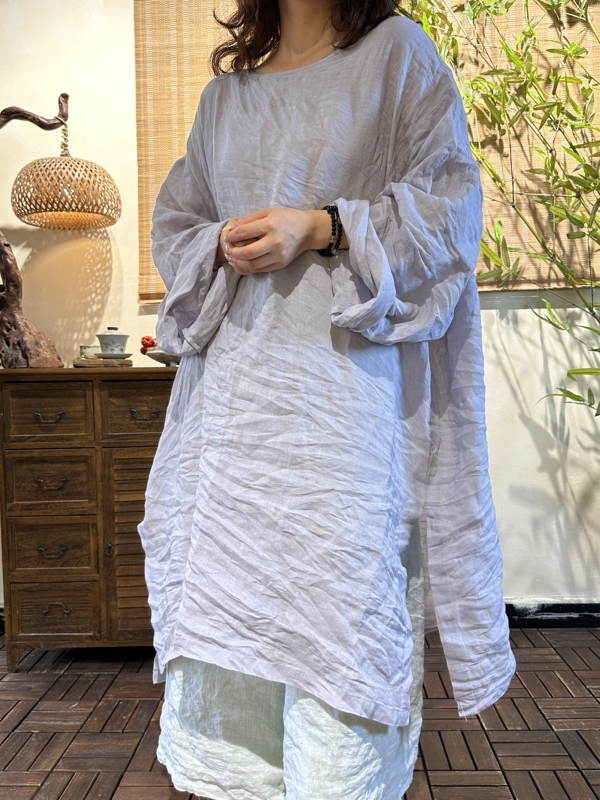 3X011 Single-Layer Hemp Round-Neck Pullover Mid-Length Top, Artistic Style, Front Length 100cm, Back Length 105cm, Bust 160cm 3X011 Single-Layer Hemp Round-Neck Pullover Mid-Length Top, Artistic Style, Front Length 100cm, Back Length 105cm, Bust 160cm