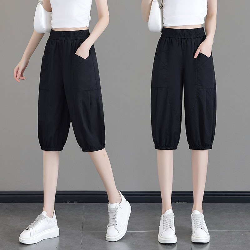 Women's Summer Thin Lantern Pants, Jogger Pants with Elastic Waist, Loose Fit, Pure Cotton Mid-Length Pants, High-Waisted, Fashionable and Versatile Carrot Pants