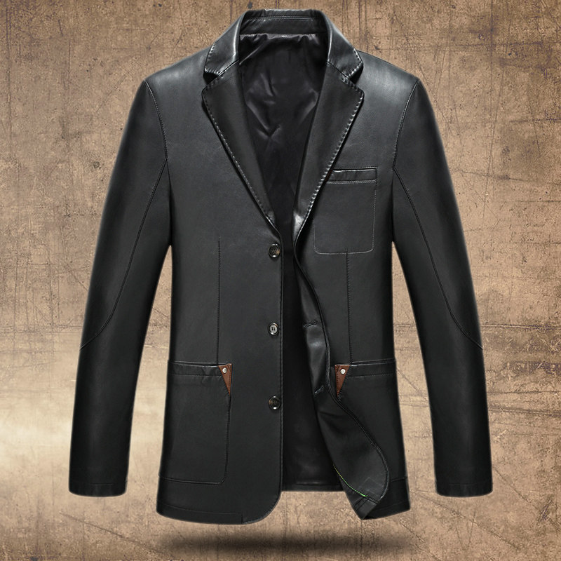 Spring and autumn new leather leather men's middle-aged jacket lapel leather suit men's slim leather suit middle-aged leather jacket