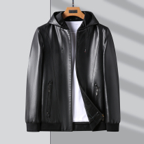 Autumn and winter Haining thin leather leather men young and middle-aged motorcycle leather jacket hooded plus velvet topcoat