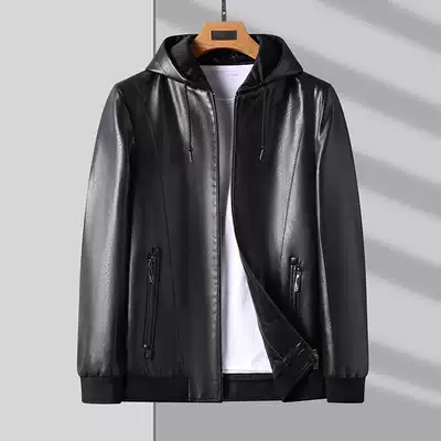 Autumn and winter Haining thin leather leather men young and middle-aged motorcycle leather jacket hooded plus velvet topcoat