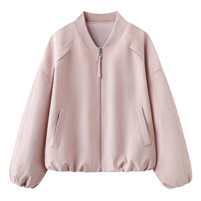 Pink Casual V Neck Zipper Baseball Jacket for Women 2026 Spring New Loose Silhouette Flight Jacket Top