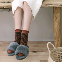 Retro houndstooth warm mid-tube socks female rabbit wool crimping college basic all-match short socks Pile socks Boots socks