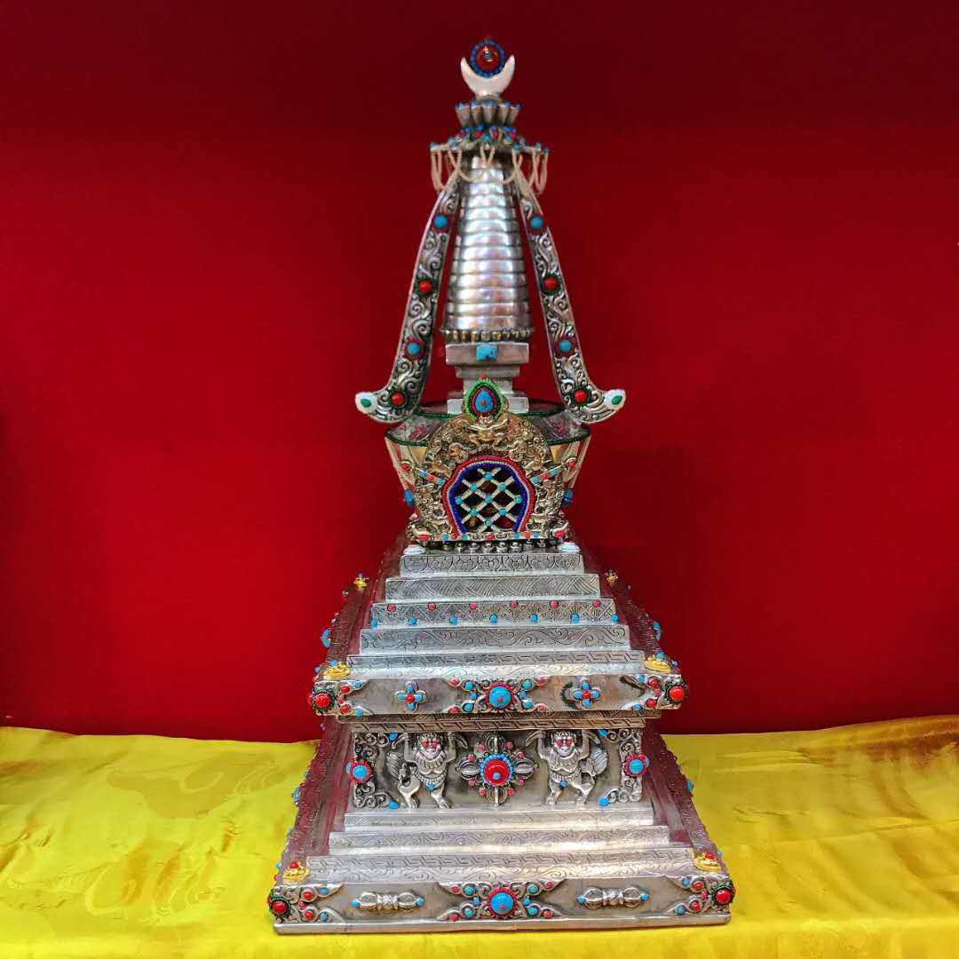 Tibetan Buddhist handmade pagoda height 50cm silver-plated brush gold seven treasures inlay painting special recommendation