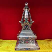 Tibetan Buddhist handmade pagoda height of 50cm silver-plated brush gold seven treasures inlaid painting Special Recommendation