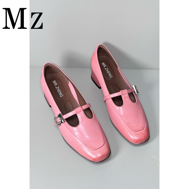 シューメーカーシャオミン/胎児牛革/3cm/5cm/厚底靴女性用、春と秋の新しいスタイルの赤いTバックルメリージェーンシューズ