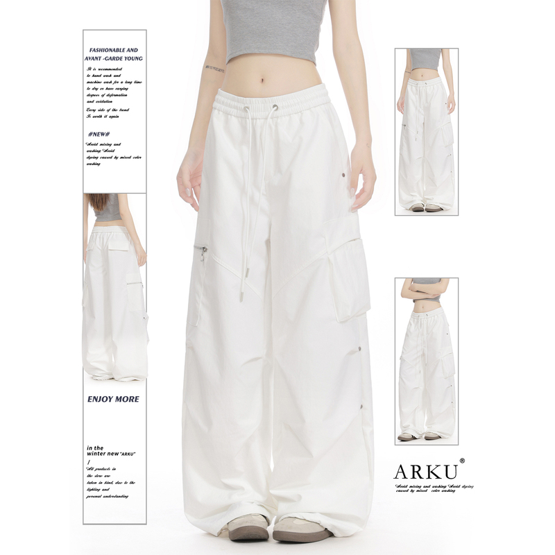 Arku American Retro White Paratrooper Cargo Pants for Women, Loose Jazz Dance Sports Pants, Wide-Leg Straight Casual Pants Arku American Retro White Paratrooper Cargo Pants for Women, Loose Jazz Dance Sports Pants, Wide-Leg Straight Casual Pants