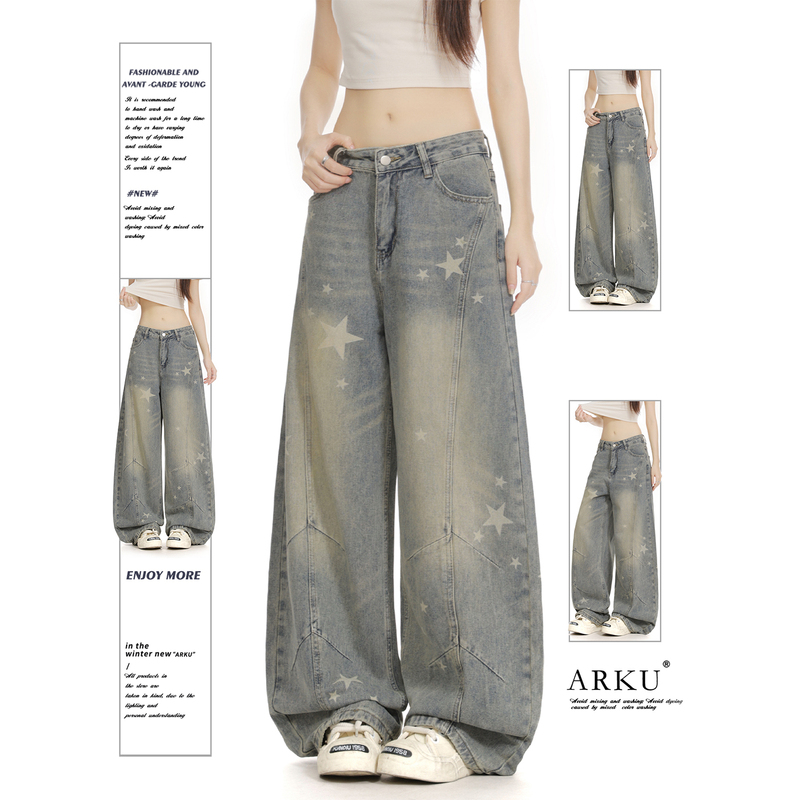 Arku American Retro Star Print Jeans for Women, Loose Fit, Washed and Distressed, High-Waisted, Slimming, Wide-Leg Scimitar Pants