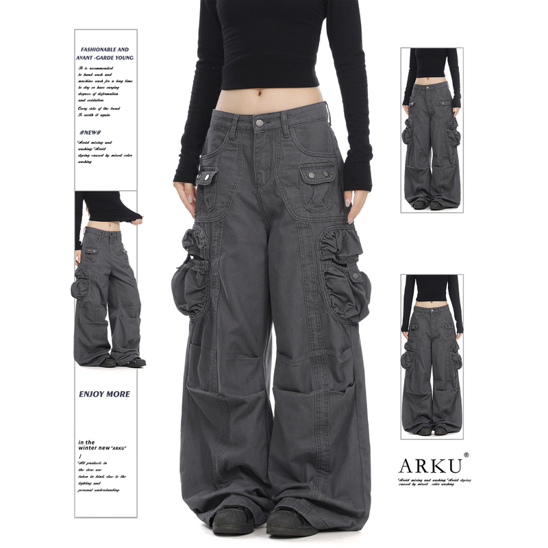 Arku American-Style Heavy-Duty Elastic Pocket Deconstructed Work Pants for Women, Loose Pleated Slimming Wide-Leg Straight Casual Trousers
