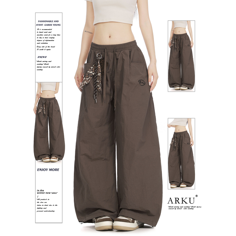 Arku American-Style Leopard Print Pendant Decoration Paratrooper Cargo Pants for Women, Loose Fit, Slimming, Pleated Wide-Leg Casual Pants