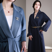 NZ high-end classic bathrobe pure cashmere smog blue water corrugated double-sided cashmere womens coat coat coat 21 autumn and winter