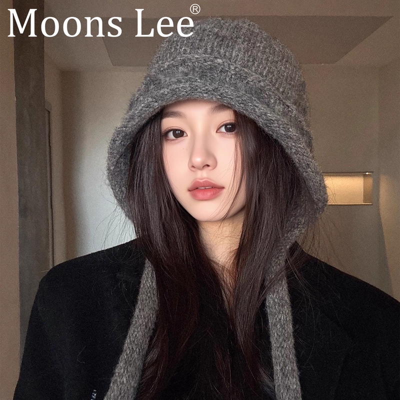 Moons Lee Korean Style Versatile Knitted Hat for Women 2025 New Winter Warm Ear-Protecting Tie-Up Woolen Hat