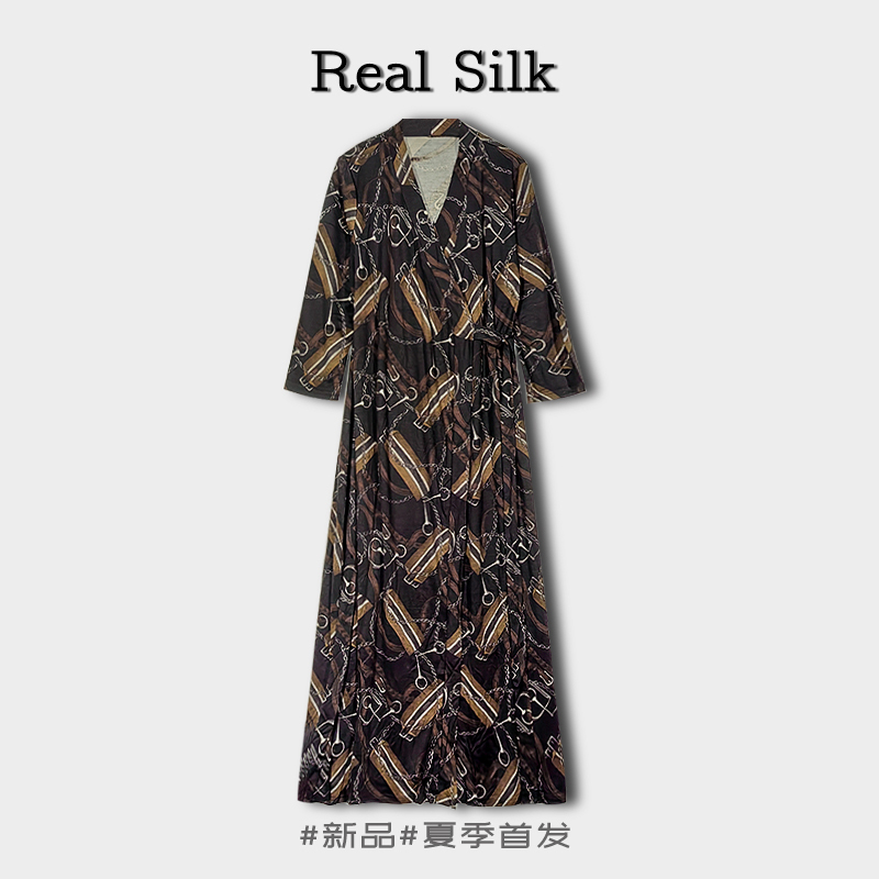 Silk Dress Made of Mulberry Silk, Extra Long and Thick, Printed, for Middle-Aged and Elderly Women, Robe, Nightgown, Loungewear, Long Tea Break Dress