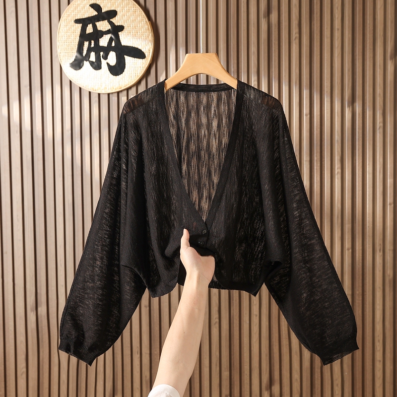 Casual Black V-Neck Linen Knit Cardigan for Women with Batwing Sleeves and Slip Dress, Sun Protection Shirt for Summer, Outerwear Shawl Casual Black V-Neck Linen Knit Cardigan for Women with Batwing Sleeves and Slip Dress, Sun Protection Shirt for Summer, Outerwear Shawl