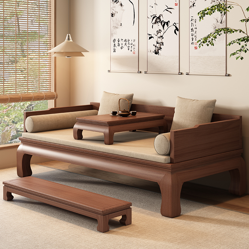 New Chinese-Style Walnut Wood Luohan Bed, Solid Wood Song-Style Aesthetic Sofa Bed, Dual-Purpose Living Room Furniture, Antique-Style Luohan Couch