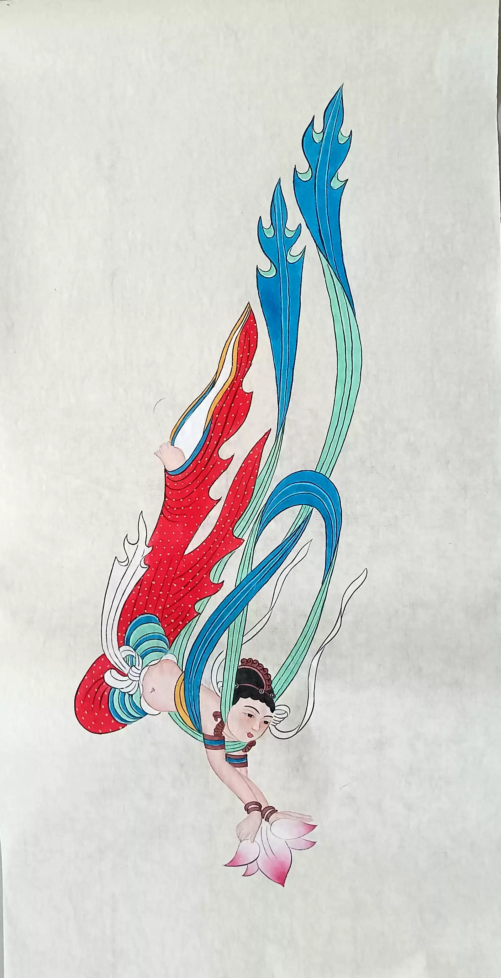 純手繪工筆人物國畫張大千敦煌飛天仿畫43X68cm畫心