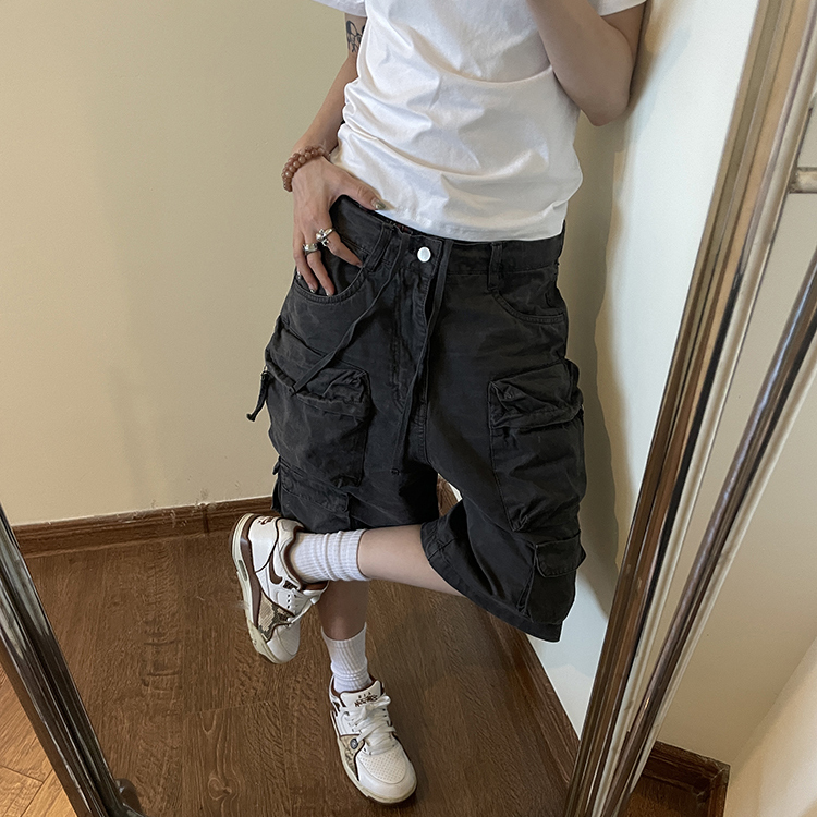 Mmbbt Washed Vintage Work Shorts for Women, Summer Cropped American Retro Loose Pocket Drawstring Hip-Hop Pants