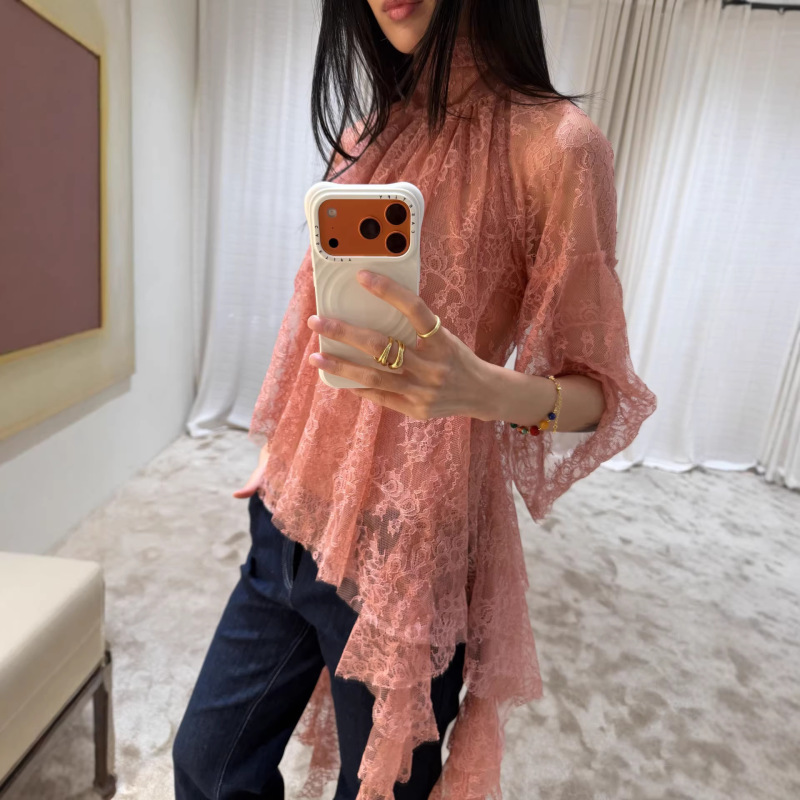 Floral One [Shanghai High Version] Pink Hollow Out Backless Lace Ruffle Long Sleeve Elegant Commuter Versatile Top