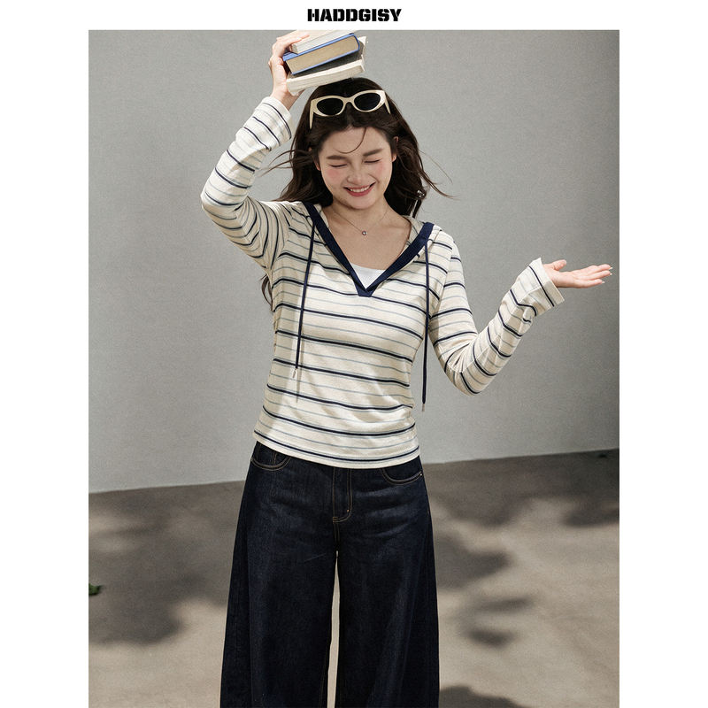 Zeng Xiaoxian Plus-Size Women's Striped Long-Sleeve Hooded T-Shirt, Thin Top for Early Autumn, Slightly Chubby Girls' Outfit with Pants Zeng Xiaoxian Plus-Size Women's Striped Long-Sleeve Hooded T-Shirt, Thin Top for Early Autumn, Slightly Chubby Girls' Outfit with Pants