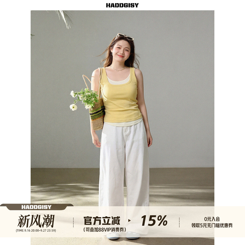 Zeng Xiaoxian Plus-Size Women's Clothing Fake Two-Piece Camisole for Women with Curvy Figures, Tummy-Covering Top and Jeans Slimming Set for Summer Zeng Xiaoxian Plus-Size Women's Clothing Fake Two-Piece Camisole for Women with Curvy Figures, Tummy-Covering Top and Jeans Slimming Set for Summer