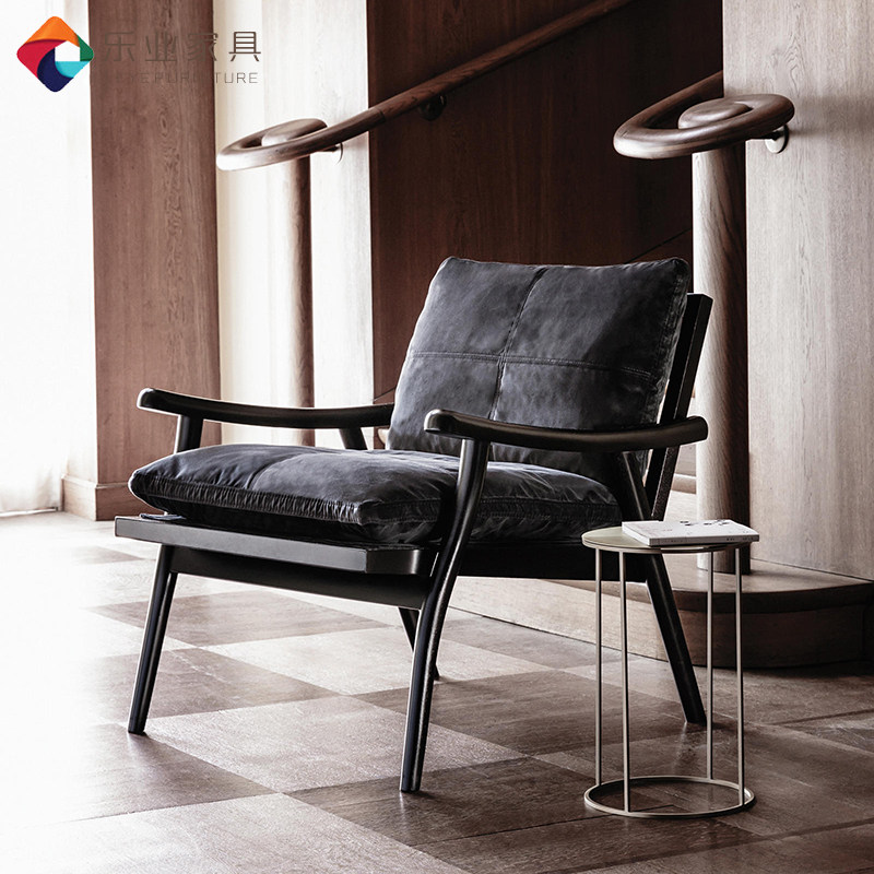 Designer Nordic art solid wood single casual sofa chair walnut color full leather living room bedroom yangtai single chair