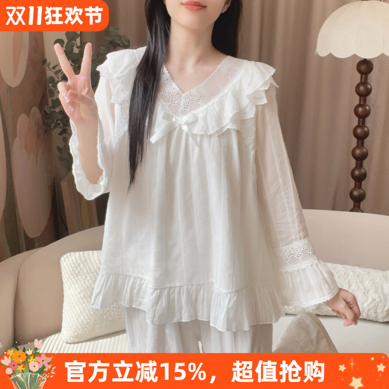 White New Pure Cotton Pajamas for Women, Spring and Autumn Thin Long-Sleeved Long Pants Loungewear Set, Japanese and Korean Court Sweet Princess Style