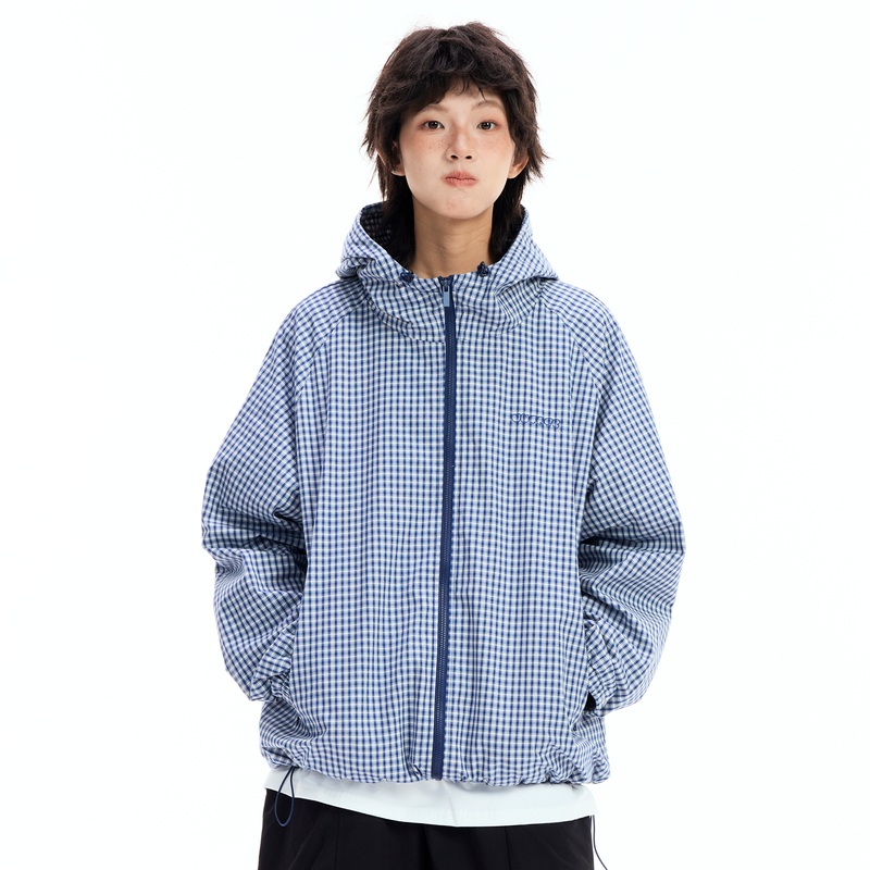 Turtle Universe Blue Plaid Hooded Jacket Japanese Retro Loose Casual Unisex Couple Style Pure Cotton Coat