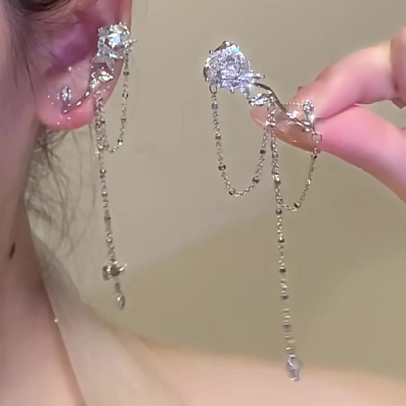 Jojo Studio'Ice and Snow Rose' French-Style Full Diamond Rose Tassel Ear Cuff and Earring in One