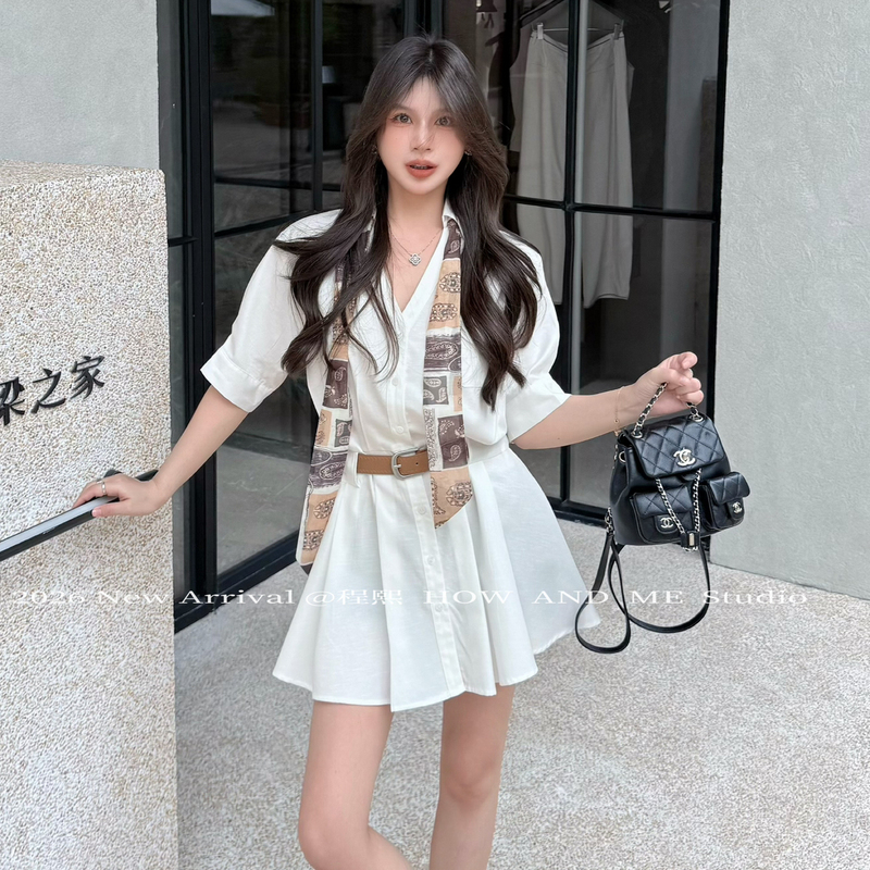 Hyh Simple Casual Shirt Dress, Tencel Cotton, Elegant White Short Summer Dress (with Silk Scarf and Belt)