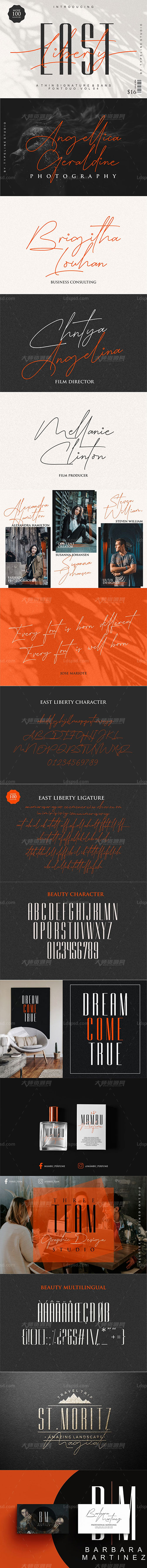 两款适用于组合英文字体(正体与签名体)：East Liberty Thin Signature & Sans