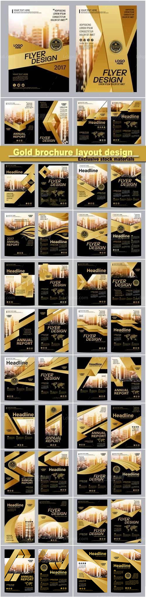 25套矢量的金色宣传册版式设计模板：Gold brochure layout design template, annual report flyer leaflet cover presentation modern background