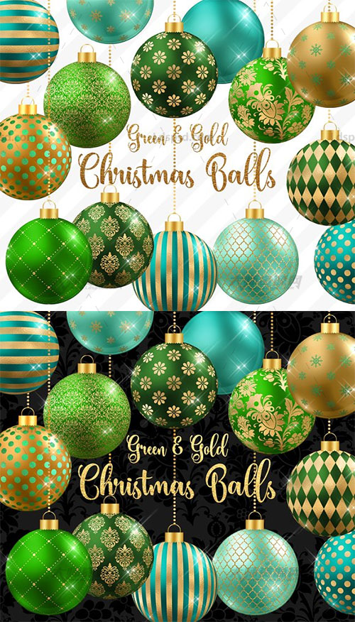 16张高清透明的圣诞球图片：Green and Gold Christmas Balls