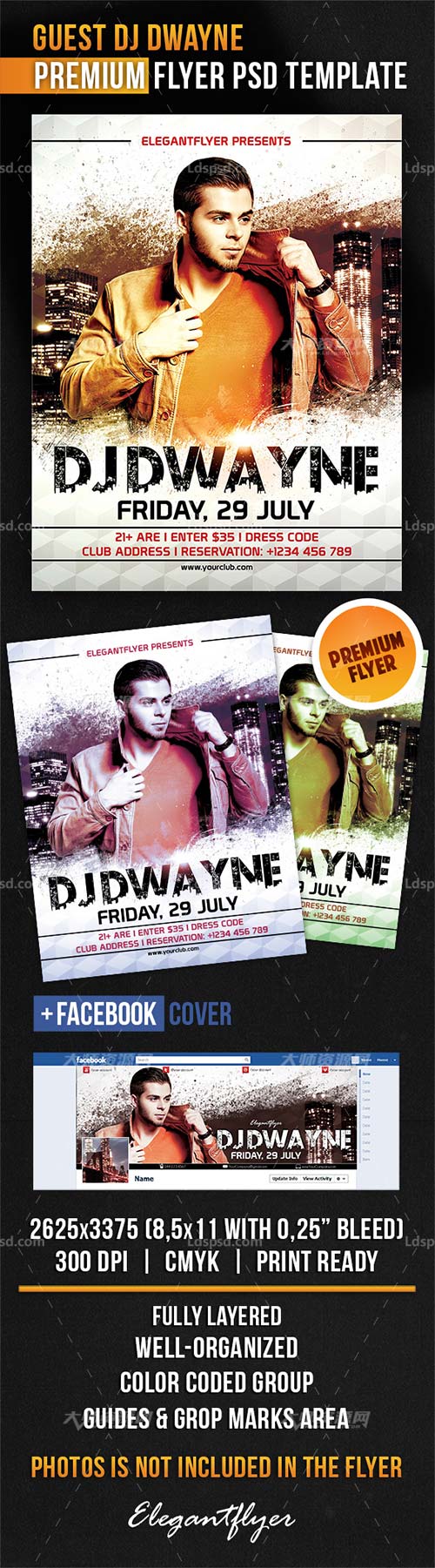 Guest Dj Dwayne – Flyer PSD Template + Facebook Cover,酒吧迪吧海报/传单模板