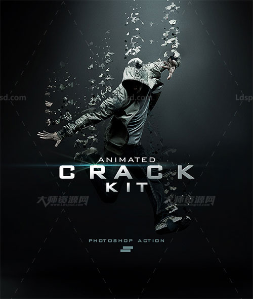 Gif Animated Crack Kit Photoshop Action,极品PS动作－碎片抽离(GIF动画/含高清视频教程)