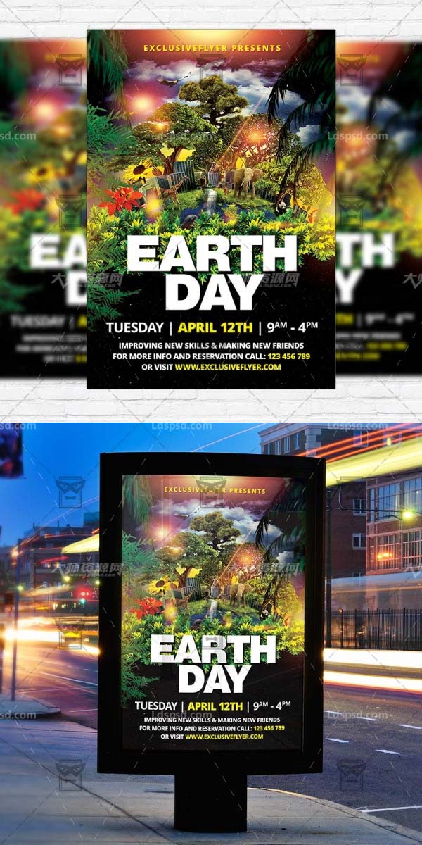 Earth Day Celebration – Club and Party Flyer PSD Template,庆祝地球保护日海报/传单模板