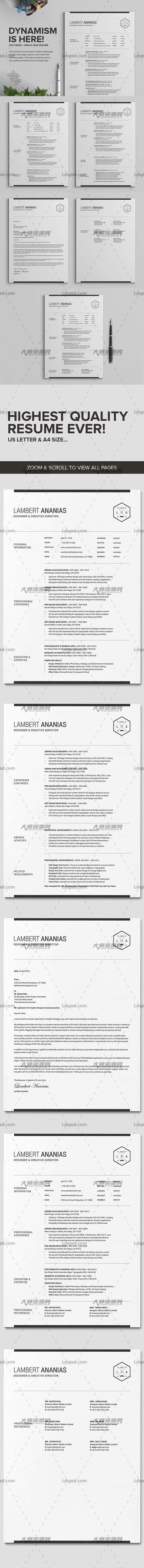 2 Pages Resume CV Pack - Lambert,个人简历模板(INDD/DOCX/PSD)