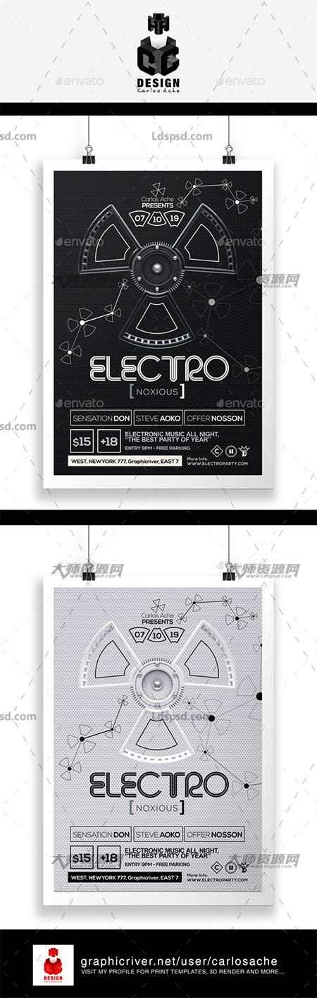 Electro Noxious - Flyer & Poster Template,电子音乐派对传单/海报模板