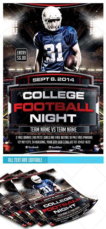 College Football Night Party Flyer Template,橄榄球比赛海报/传单模板
